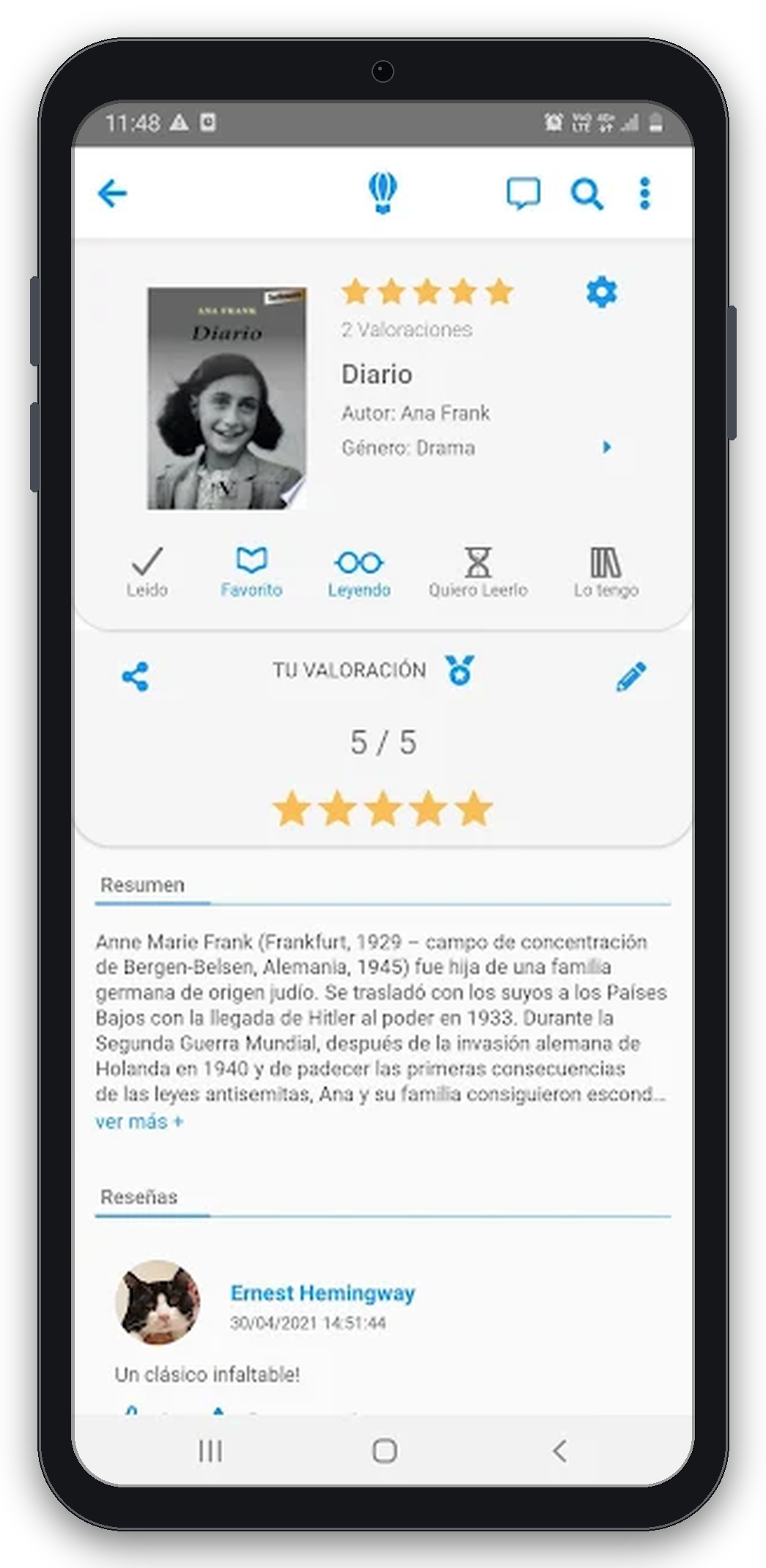 Captura de pantalla: diario de la comunidad con reseñas