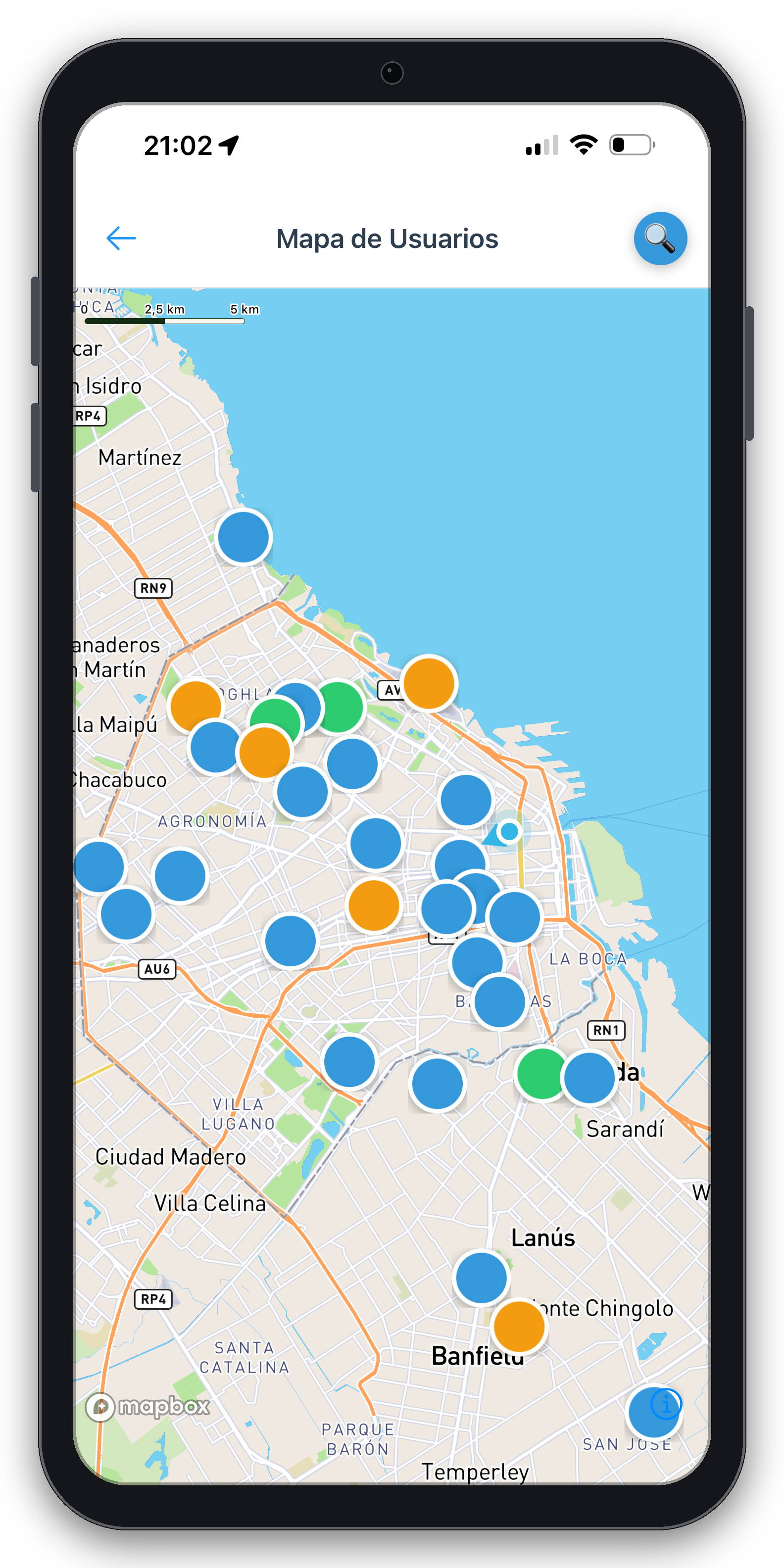 Captura de pantalla: mapa de usuarios con pines de libros